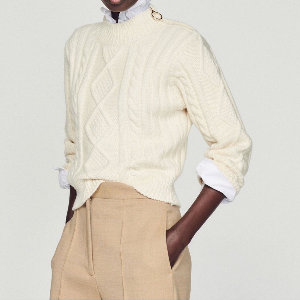 Sandro Cream Cable Knit Turtleneck Sweater